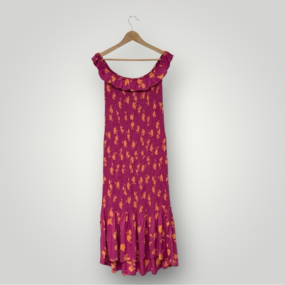 Anthropologie Smocked Off-The-Shoulder Midi Dress Sz M Pink Orange - Picture 2 of 9